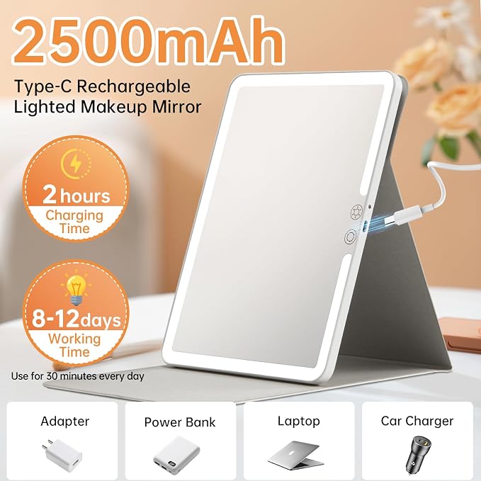 FUNTOUCH 2500mAh Large Rechargeable Travel Makeup Mirror with Light (White) | Portable Makeup Mirror with 10X Magnifying Mirror, 3 Lighting Modes, Tabletop Folding Travel Mirror with PU Leather Cover