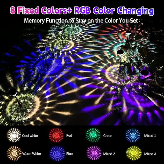 2Pack Solar Pathway Lights Outdoor, Color Changing+8 Fixed Color (Warm White, Cool White, Colored) Solar Lights Outdoor, Bright Solar Powered Garden Light