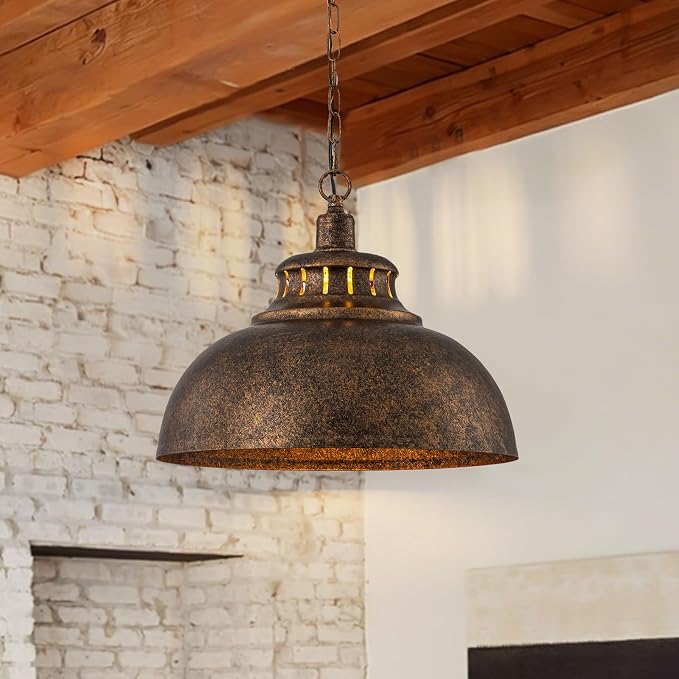 Lingkai Industrial Barn Pendant Lights,15.74" Farmhouse Hanging Light Fixtures with Adjustable Chain, Rustic Dome Pendant Lighting for Kitchen Island, Dining Room, Living Room, Hallway