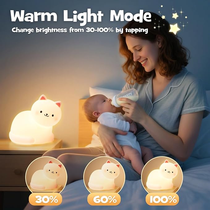 Squishy Cat Night Light with RGB Modes Cute Cat Lamp Warm White 3 Brightness Adjustable Nursery Breastfeeding Nightlight Rechargeable Silicone Soft Touch Bedside Animal Lamp for Bedroom Dorm Decor