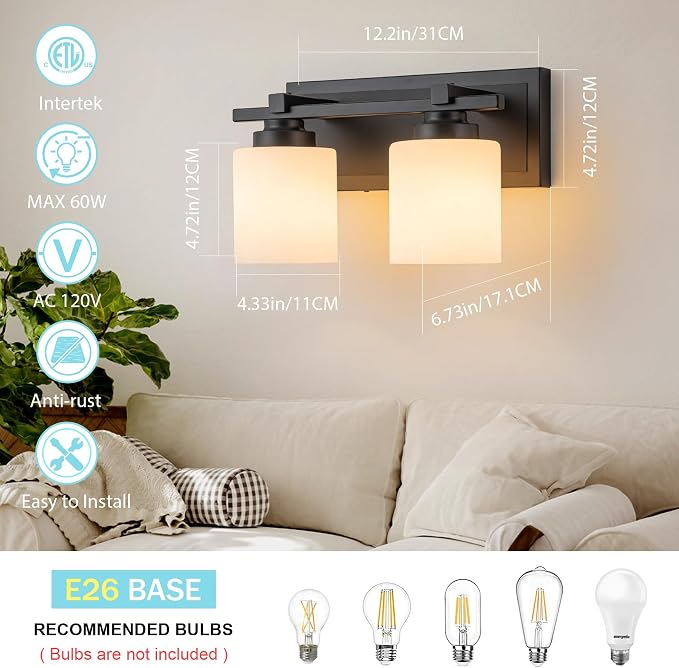 Modern Bathroom Light Fixtures Over Mirror, Vanity Lights for Bathroom Wall Sconces with Milky White Glass Shades, E26 Socket (Bulbs Not Included), 2 Light, Black