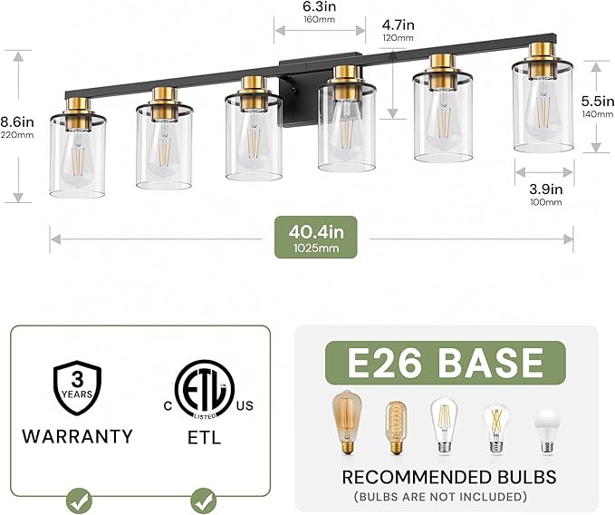 L LOHAS LED 6 Light Bathroom Light Fixtures, Black and Gold Vanity Lights for Bathroom, Vanity Lights for Mirror Bedroom Hallway