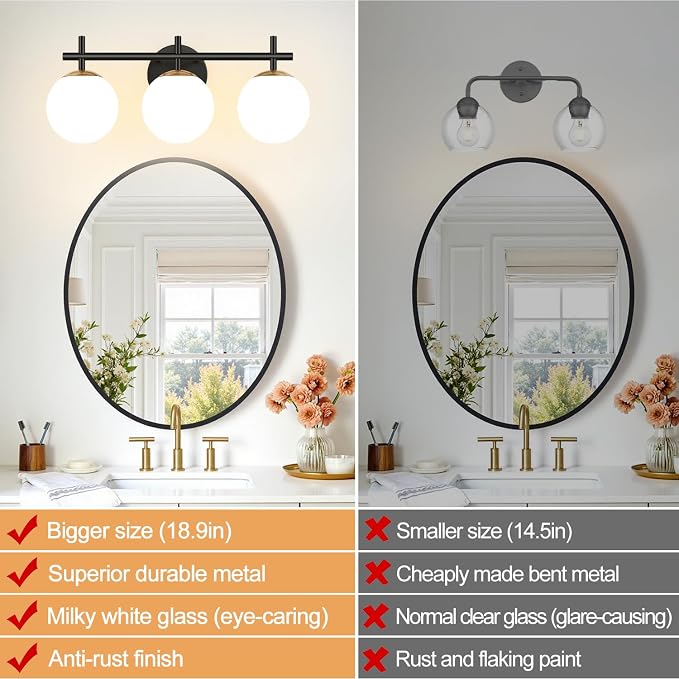3-Light Bathroom Light Fixtures, Black and Gold Vanity Lights for Bathroom with Milky White Glass Shade, 18.9 inch Bathroom Lighting Fixtures Over Mirror, Compatible with G9 Bulbs (Bulb Not Included)