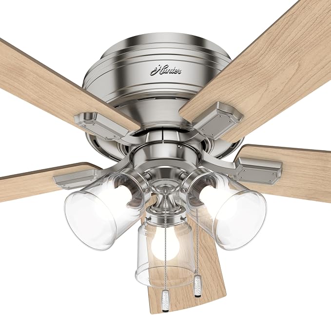 Hunter 52 inch Indoor Ceiling Fan with LED Lights and Pull Chain - Low Profile Flush Mount Ceiling Fan, 5 Blades, For Bedroom, Living Room, or Kitchen, Quiet - Crestfield 54209, Brushed Nickel | with LED Lights and Pull Chain, Low Profile Flush Mount, ...