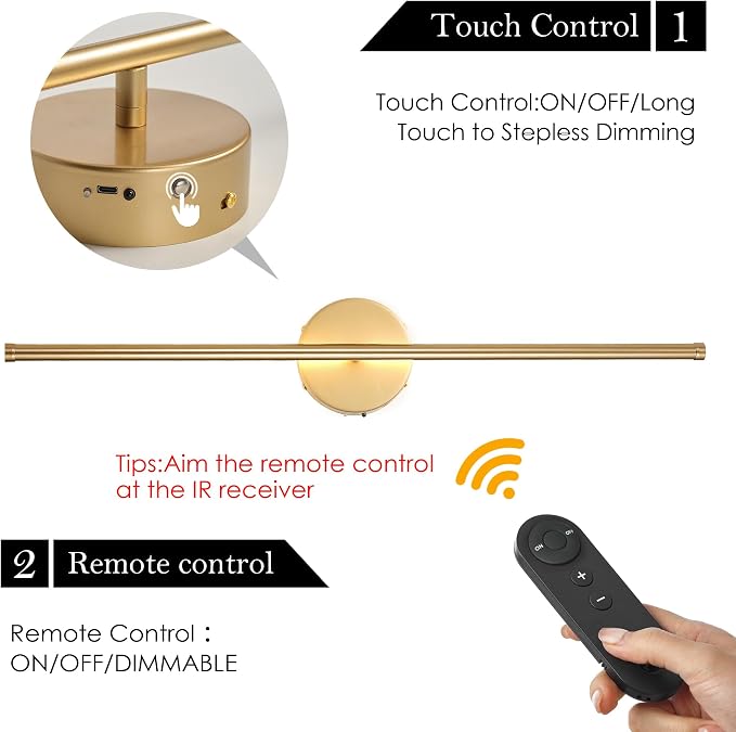 KARTOOSH Battery Operated Wall Sconces Set of Two Wireless Wall Lights | Rechargeable Wall Sconce with Remote 350°Rotate Dimmable 3000K LED Wall Lamp for Living Room, Bedroom, Hallway