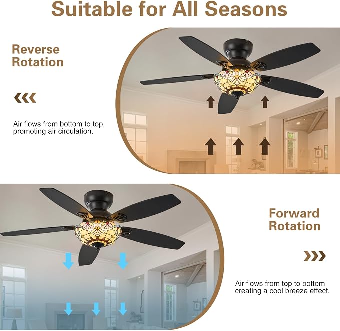 Tiffany Ceiling Fans with Lights-48"Ceiling Fan Chandelier and Glass Shade | 48" Ceiling Fan Chandelier with 5 Dual-Blades and Glass Shade, 6 Speeds and Reversible, Indoor and Outdoor, Retro Style