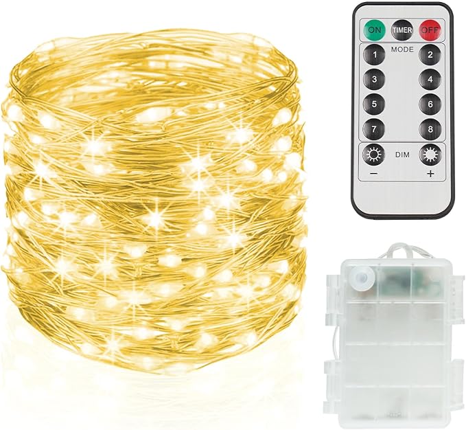 Fairy Lights Battery Operated 33ft 100 LED String Lights Remote | Battery Operated, Copper Wire, Twinkle Lights, Indoor,Outdoor, Wedding,Christmas