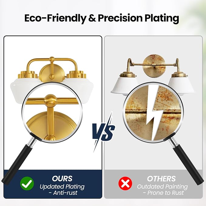 RUIYEY Bathroom Vanity Light Fixtures: 2-Lights Gold Bathroom Lighting Fixtures Over Mirror, Mid-Century Modern Wall Sconces with Frosted Milky Glass for Kitchen Bedroom Hallway