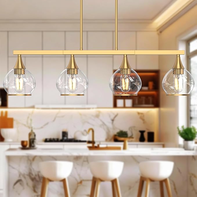 Kitchen Island Linear Pendant Light, 4-Light Gold Dining Room Chandelier with Clear Glass Globe Shades, Modern Linear Lighting Fixture Over Table