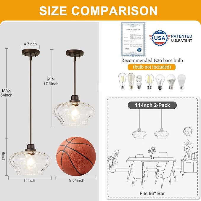 Modern Pendant Lights Kitchen Island, Oil Rubbed Bronze Pendant Light Fixtures with 11" Clear Hammered Glass Shade, Industrial Hanging Pendant Lights Fixture for Kitchen Island Dining Room Foyer