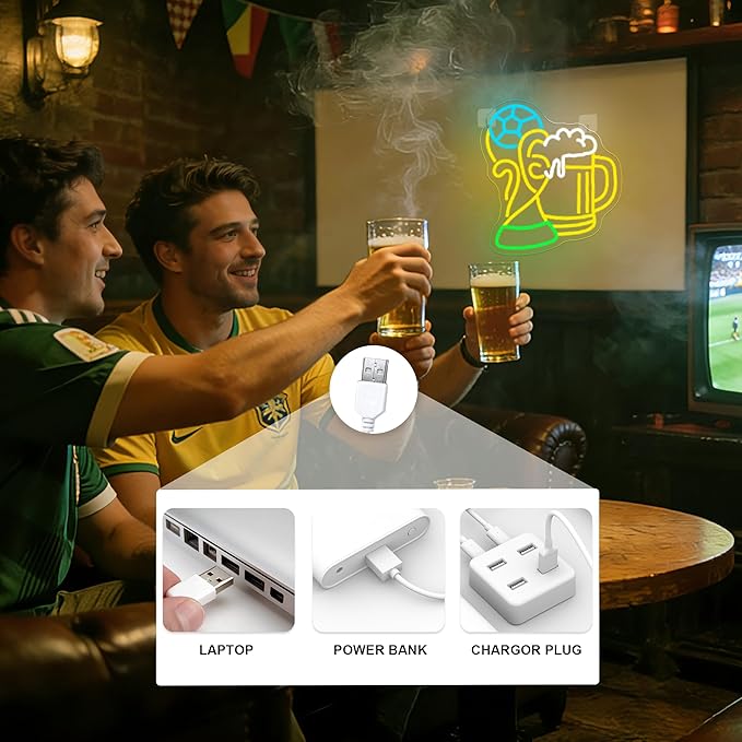 Soccer Beer Neon Sign, Dimmable Football LED Neon Light for Fans, Sports Themed Neon Light Signs for Man Cave Boys Teen Home Bedroom Playroom College Dorm Club Birthday Party Decor