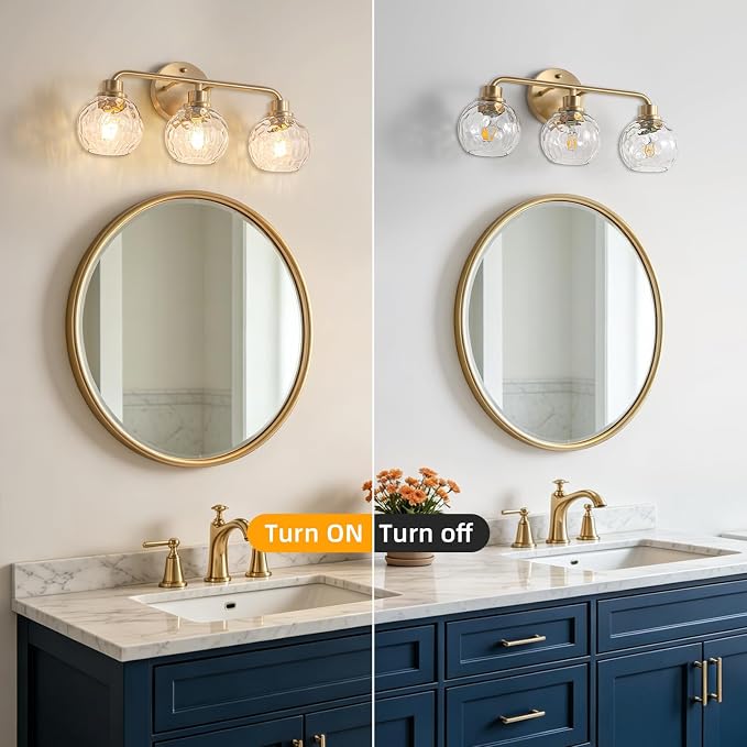 Bathroom Light Fixtures Gold Vanity Light 3 Light Brushed Brass | Wall Sconces Lighting with Hammered Globe Glass Shades Bath Wall Lamp for Mirror Living Room Bedroom Hallway