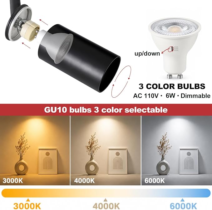 3-Color Plug in Track Lighting Dimmable with Power Cord, 6-Light Track Lighting Kit with 6.6FT H Type Track Lighting Rails, Modern Kitchen LED Track Lighting Fixtures Ceiling Spot Light, Black