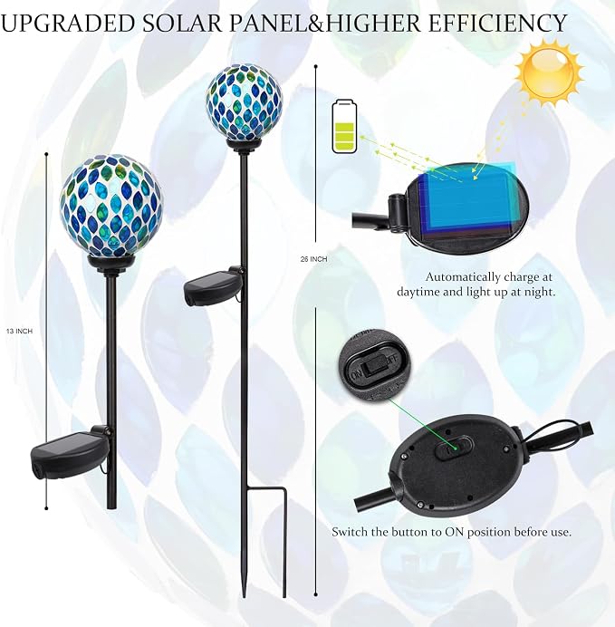 VCUTEKA Decorative Solar Garden Lights, 3.5" Mosaic Globe Outdoor Stake | Mosaic Glass Globe Design, Solar LED Light, Waterproof Design, Auto On/Off and Metal Stake Design for Lawn and Patio