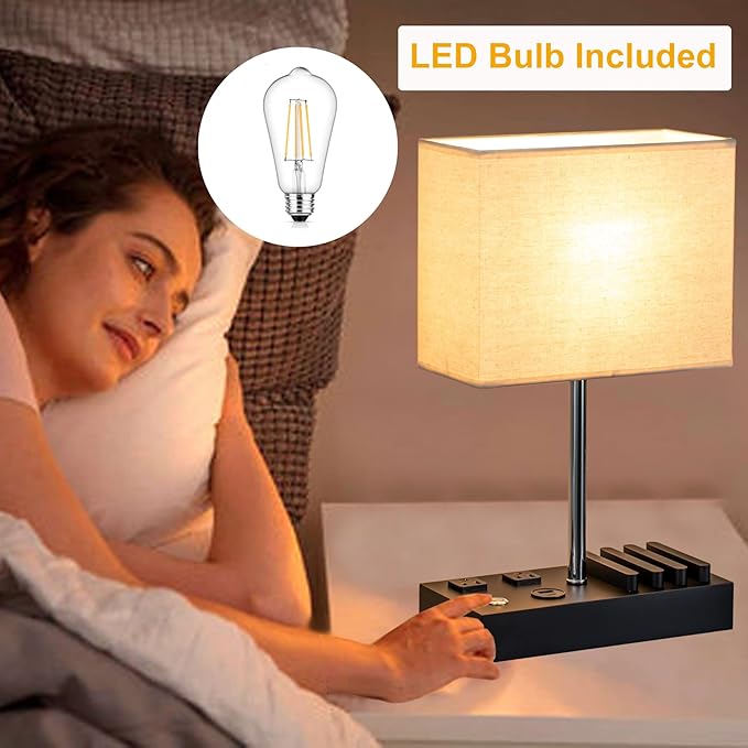 Briever Upgraded 3 USB Table Lamp with 2 USB A & C Charging Ports, Bedside Desk Lamp with 2 AC Outlets and Wooden Phone Stand Organizer, Nightstand Lamp for Bedroom, Living Room, Office, Silver Base