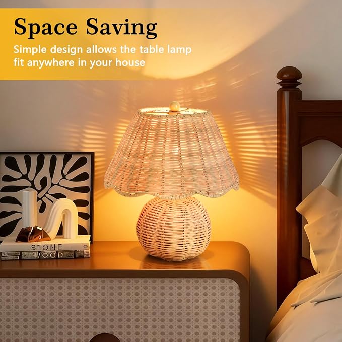 Rattan Small Bedside Mini Table Lamp for Bedroom,Boho Bedroom Lamps for Nightstand, Wicker Mini Table Lamps for Small Spaces with Scalloped Shade for Kitchen Counter, Bookshelf, Kids Dorm, Office