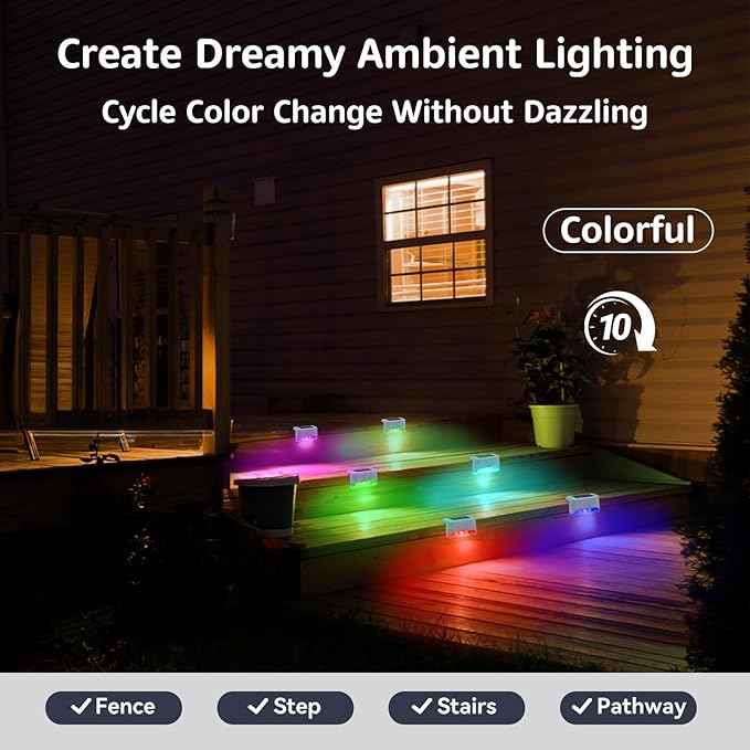 8 Pack Color Change Solar Step Lights Outdoor Small Waterproof RGB LED Stair Lamp Outside Decorative Lighting for Deck, Staircase, Railing, Pool, Retaining Wall, No Drill Install(White Shell)