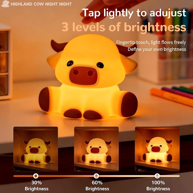 Highland Cow Night Light for Kids, Dimmable and Timed Silicone Night Lamp, Highland Cow Lamp for Nursery Bedroom Suitable for Room Decor and Themed Gifts