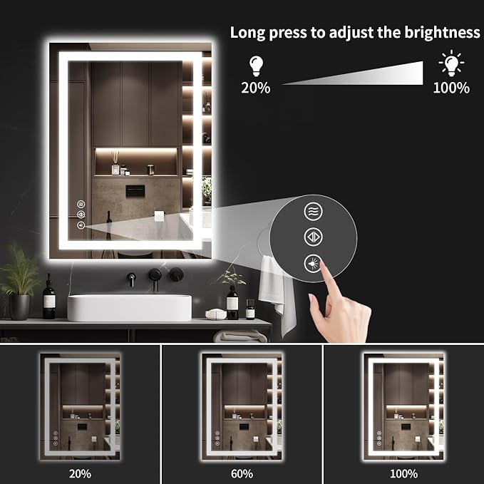 LED Bathroom Mirrors 32"x36" Bathroom Mirror with Lights for Wall, Backlit + Front Lit, 3 Colors, Anti-Fog, Dimmable Brightness for Vanity,Bathroom, Entryway, Living Room