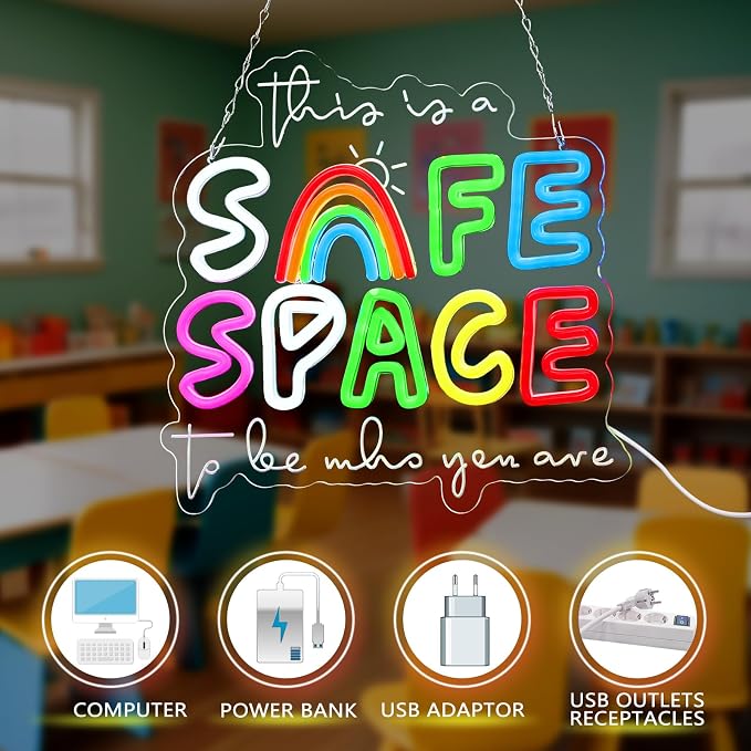 13x13 Inches Safe Space Neon Sign This Is a Safe Space to Be Who You Are LED Neon Sign Dimmable Light up for School Counselor Nurse Classroom Therapy Office Wall Decor