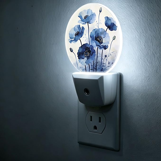 Night Light Watercolor Blue Flower Night Lights Plug into Wall Auto on/off | Tulip Floral Plug-in Night Light with Dusk to Dawn Sensor, Energy Saving Nightlight for Hallway Kitchen Living Room