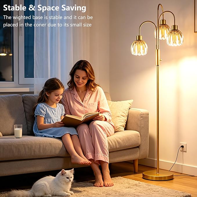 3-Light Glass Floor Lamp, 70" Gold Dimmable Standing Tall Lamp with Amber Ribbed Glass Shades &3PCS 3000K Warm White Bulbs, Modern Tree Pole Lamp for Living Room Bedroom Home Office Corner Decor