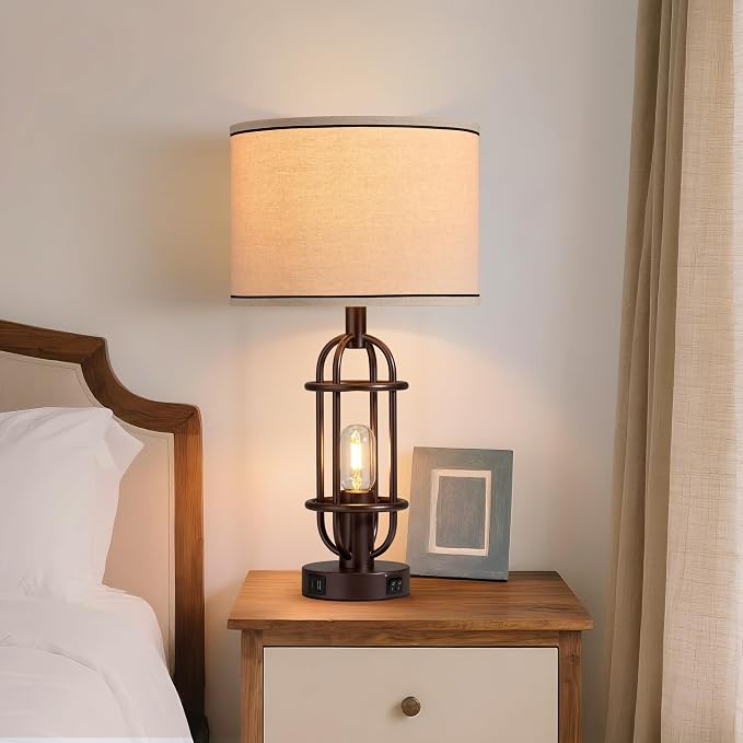 Reaketon Living Room Lamps Set of 2, 22.3" Farmhouse Table Lamp for Bedroom, Vintage Lamps for Night Stands with USB Ports, Oil Rubbed Bronze