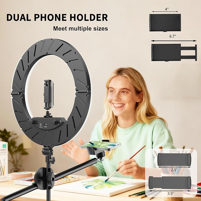 55W18 45cm Ring Light Kit [New Version] 6700K Dimmable LEDRinglightTripod Stand Dual Phone Holder for iPhone Selfie Makeup LashTattoo Studio Lighting Painting,Photo Video Recording (Black)