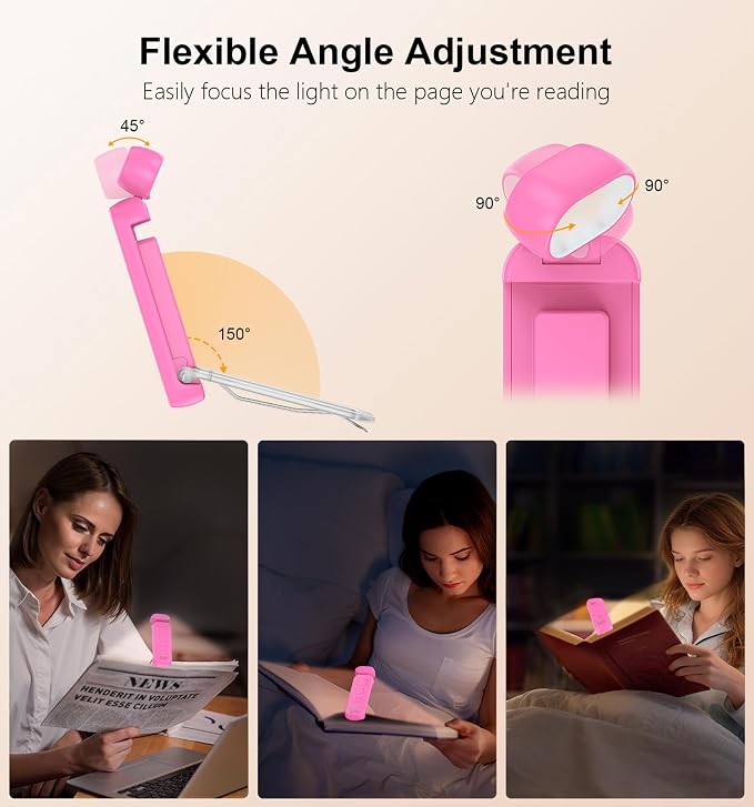 Gritin Reading Light, Rechargeable Book Light for Reading in Bed | Eye Caring 3 Color Temperatures, 5-Level Dimmable Brightness, Long Lasting, Compact Size Clip on Book Lamp for Bookworms-Rose
