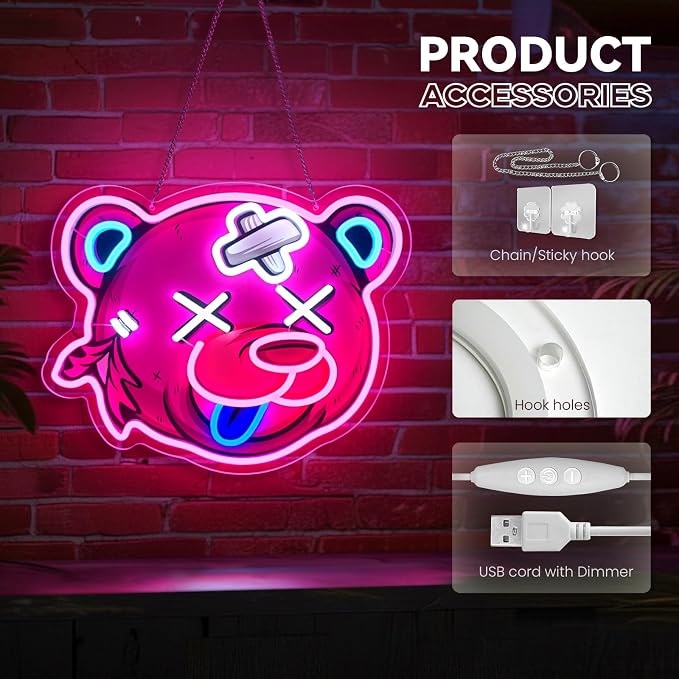 Pink Bear Neon Sign, Bear Head Neon Signs for Wall Decor, Dimmable Acrylic Neon Lights for Girls Room Bedroom Game Room Club Bar Party Decorations, Perfect Gifts