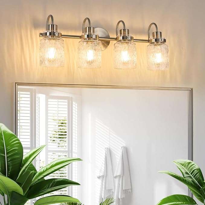 4 Lights Hammered Glass Bathroom Vanity Light,Brushed Nickel | Easy Installation,Up or Down,Farmhouse Modern Style,E26 Socket,ETL Certification