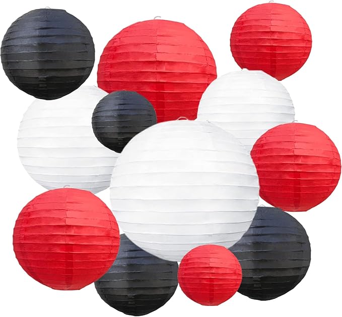 20Pcs Red Black White Paper Lanterns for Parties, 6” 8” 10” 12” Chinese Asian Hanging Round Paper Lanterns for Birthday Wedding Halloween Christmas Home Decor Party Decor
