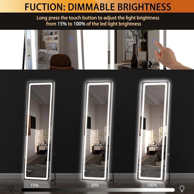 Hasipu Full Length Mirror with Lights, 56" x 16" LED Floor, Full Body Dressing Standing, Hanging Mounted Mirror, Round White