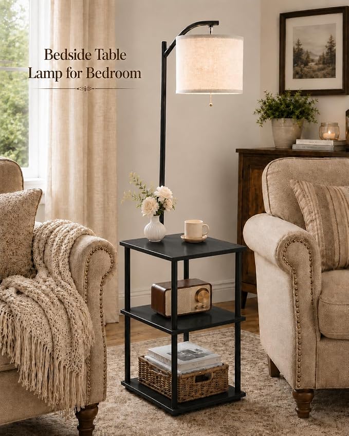 GERGO Floor Lamp with Table, Side Table for Living Room, 3 CCT 9W LED Bulb | Adjustable Linen Shade & Pull Chain, Modern Coffee End Table, Night Stand with Storage Shelves for Bedroom, Office Home Décor