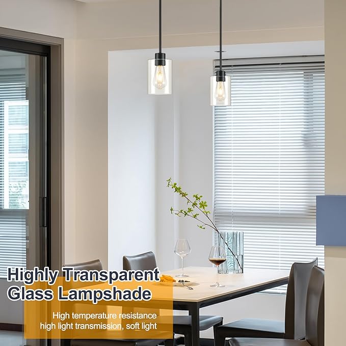Modern Farmhouse Black Pendant Lights, Mini Hanging Light Fixture with Clear Glass Shade, Adjustable Rods for Kitchen Island, Sink, Bar (2 Pack)