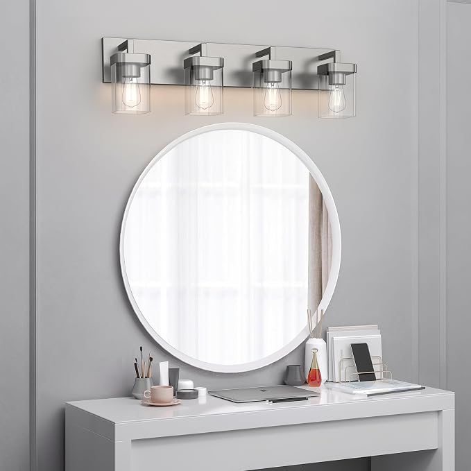 4-Light Bathroom Light Fixtures, Brushed Nickel Vanity Lights for Bathroom, Kitchen, Living Room, Modern Bathroom Vanity Lights with Clear Glass Shades