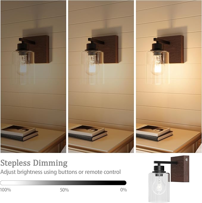 Rayogale Wireless Battery Operated Wall Sconce Set of 2 with Remote Control | Black & Walnut Dimmable Rechargeable Wall Lights with Timer, Easy Install Glass Lamp for Living Room Bedroom, Emergency 3000K