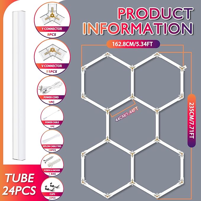 LED Hexagon Garage Lights, 24 Pack Car Garage Light Tubes, 192W, 23040LM, 6500K Super Bright, 5 Grid Systems Car Detailing LED Hex Light for Warehouse Workshop Basement Gym
