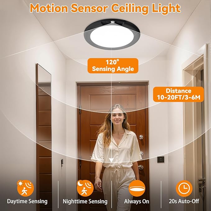 KYEKIO 2Pack Rechargeable LED Ceiling Light/Shower Light with Remote | Motion Sensor, Wireless Magnetic Easy-Install, 3 Color, Dimmable, Battery-Powered, for Closet, Pantry, Hallway, Porch, Patio