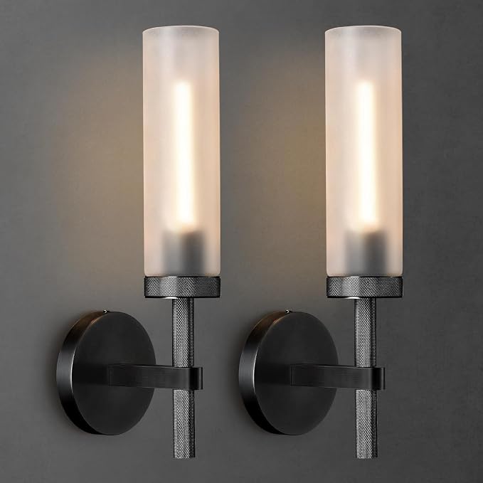 Bblack Knurled Wall Sconce 15", Bathroom Wall Sconce Set of Two,Glass Tube Brass Sconces Wall Lighting,Bathroom Sconces Side of Mirror,Vanity Sconce Lights for Bath