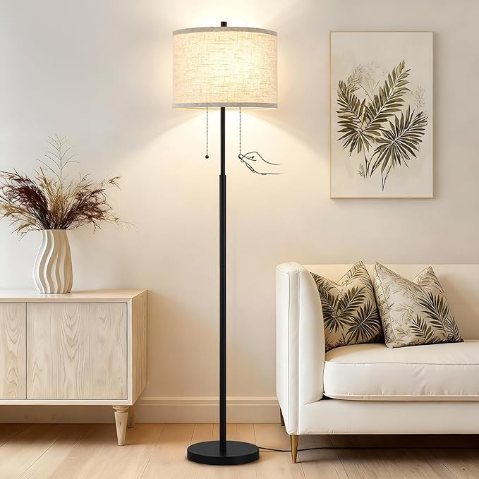 Luvkczc Floor Lamp, 62" Standing Lamp Tall Lamp with Fabric Lampshade&Pull Chain Corner Floor Lamps for Living Room, Bedroom,Office Corner (Black 2 Bulb Socket)