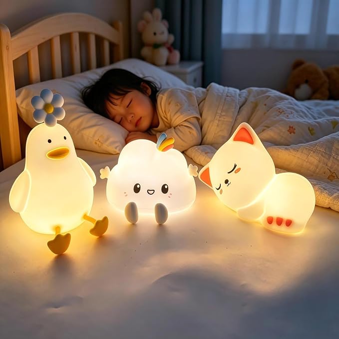 Tap Control Cute Cartoon Silicone USB Rechargeable Night Light, Squeeze Soft Silicone Animal Timing Bedside Sleep Lamp