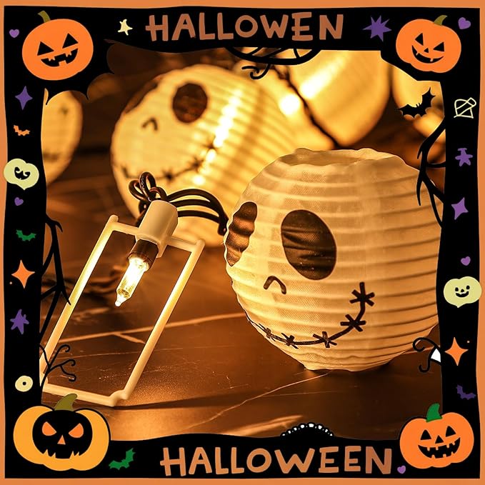Halloween Decorations Ghost Lantern String Lights Plug in, 10 Pack Ghost Jack Skellington White Lantern Lights with Black Cord, Spooky Lights Outdoor for Halloween Spooky Mantel Decor
