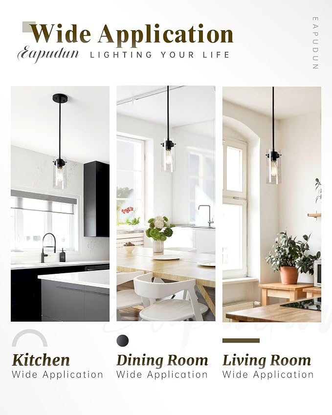 EAPUDUN Industrial Pendant Light Fixtures,Clear Glass Shade Pendant Lighting,Vintage Hanging Lighting Fixture for Kitchen Island,Dining Room,Corridor Bedroom E26 Base UL Listed, PDA1353-MBK
