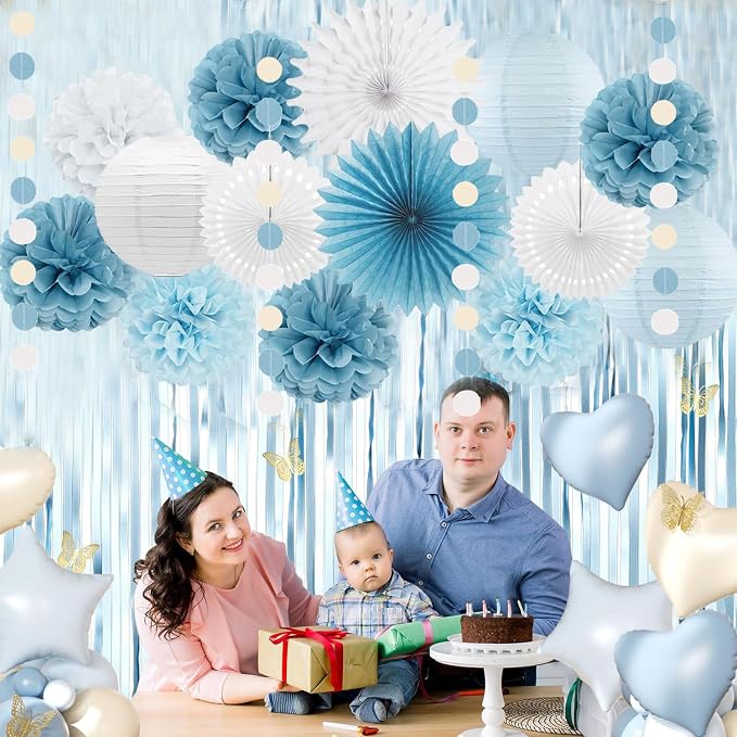 Dusty Blue White Party Decorations Paper Lanterns Tissue Pom Poms Flowers White Paper Fans for Light Blue Birthday Baby Shower Bridal Shower Wedding Party Decoration