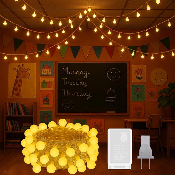 100 LED Hanging String Lights for Classroom – 33ft Plug in Fairy Lights with 8 Modes, Warm White String Lights for Classroom Decor, Teacher Supplies, Bulletin Board, Wall Display & School Decorations
