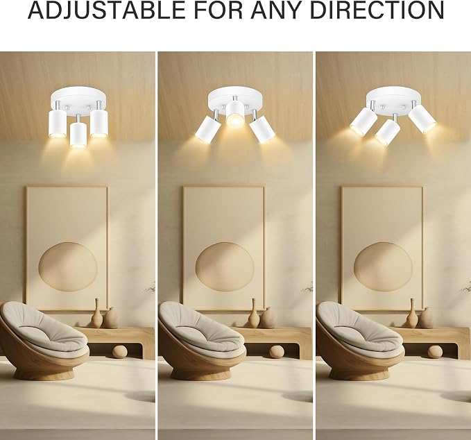 AUQUEE LED 3 Light Track Lighting Kit, LED Track Lighting Fixtures, White Round Ceiling Spot Lighting, Flexibly Rotatable Light Head for Kitchen, Living Room, Bedroom, GU10 Bulb Not Included
