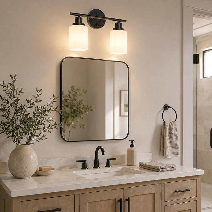 2 Light Bathroom Light Fixtures, Modern Vanity Lights with Milky Glass Shade, Black Wall Lamp Over Mirror for Bathroom, Living Room, Cabinet, Bedroom, E26 Base
