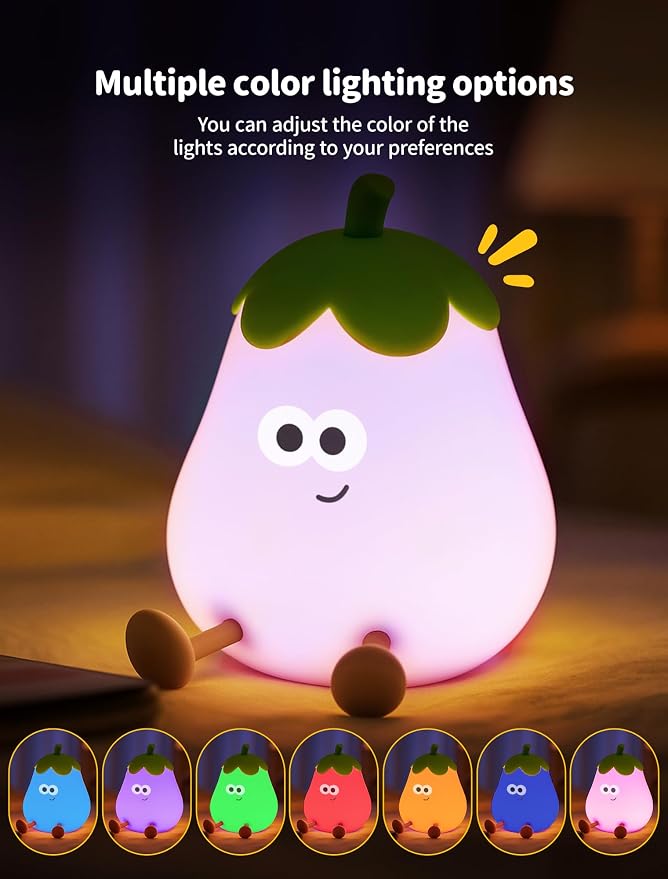 Eggplant Night Light for Kids, Cute Squishy Silicone Lamp, Rechargeable LED Nightlight, 3-Level Dimmable Bedside Lamp for Bedroom Kids Room Decor, Boys and Girls Gifts
