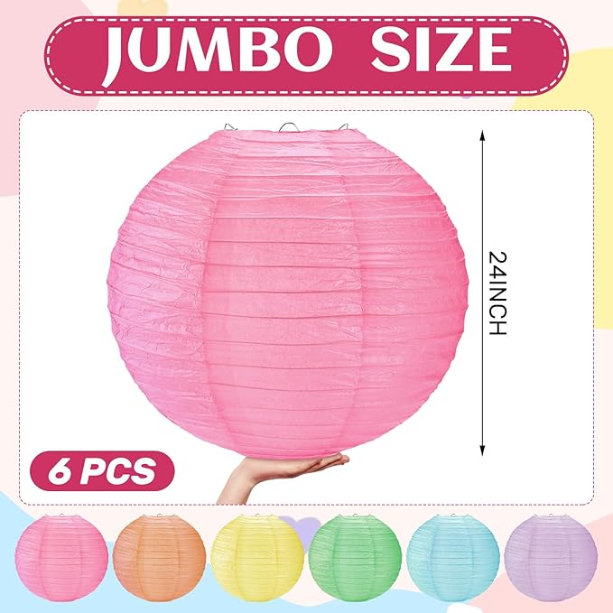 Woanger 6 Pack 24 Inch Large Pastel Paper Lanterns Giant Chinese Hanging Paper Lanterns for House Lamps, Wedding, Birthday Party & Event Decorations